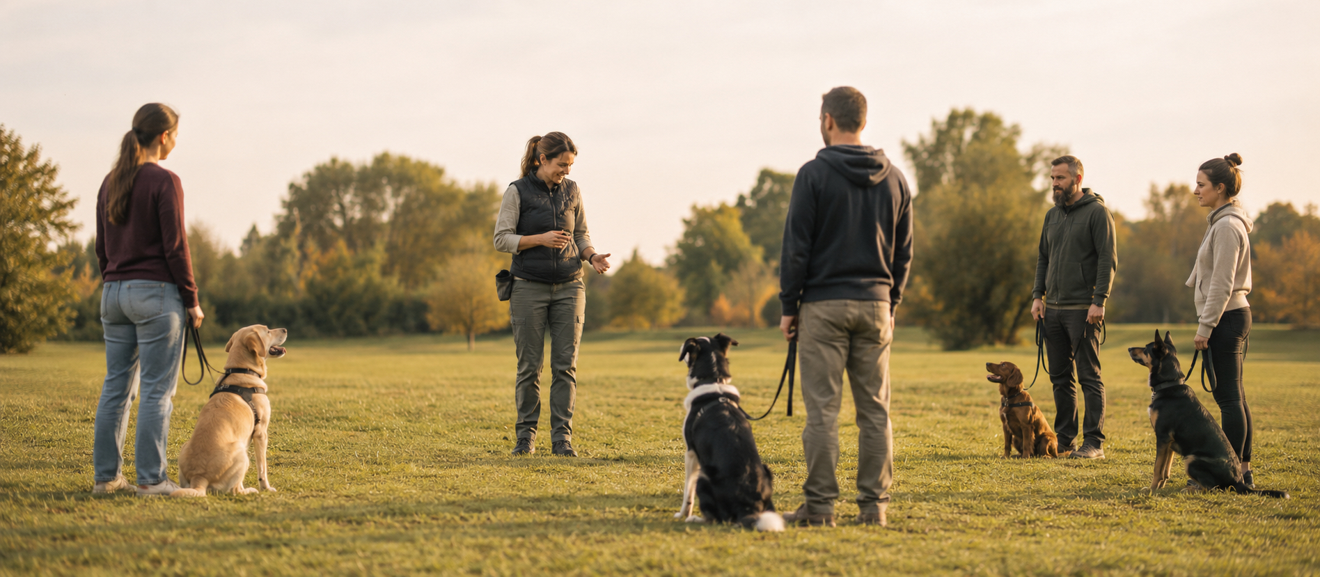 Hundetrainerin leitet eine Gruppenstunde mit mehreren Hund-Mensch-Teams